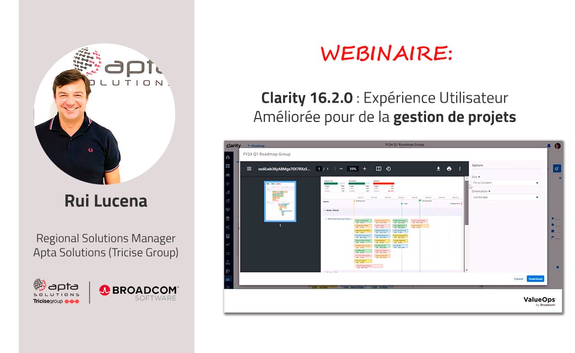 Derniers jours pour l'inscription au #Webinaire : 📷 #Clarity 16.2.0 : #ExpérienceUtilisateur Améliorée pour de la #GestiondeProjets S'inscrire maintenant ➡️ …arity-16-2-0-france.aptasolutions.com #ValueOps #VSM #ValueStreamManagement #OKR #BroadcomSoftware #AptaSolutions #Tricise