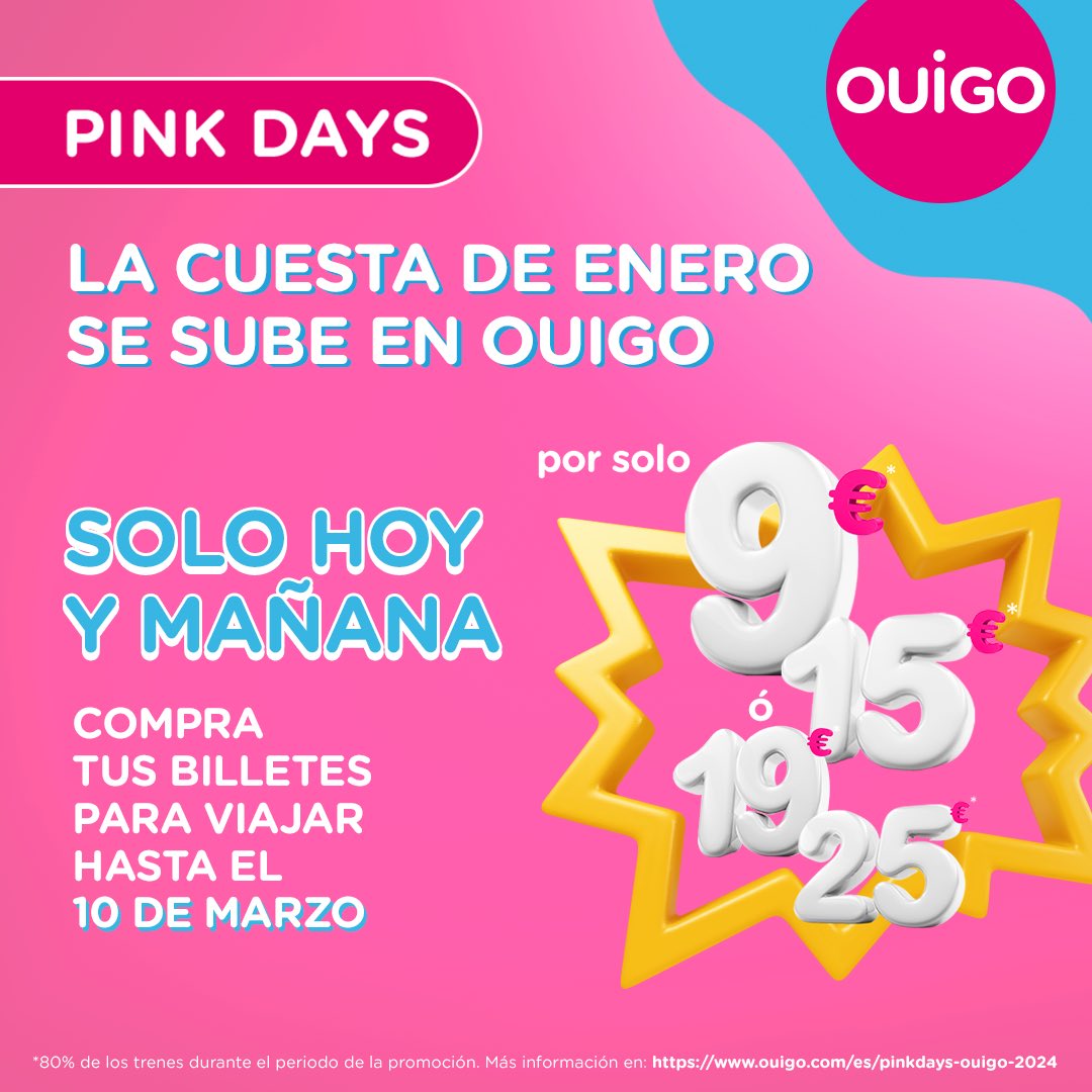 OUIGO_Es's tweet photo. 💕SOLO💖HOY🌸Y💓MAÑANA🐷BILLETES🌷A🌺9€💝15€💞19€🎀25€👛PARA👚VIAJAR🩷HASTA🦩EL🧞♀️10🐽DE👙MARZO🩰 #PinkDays https://t.co/4OJZ8d19KB