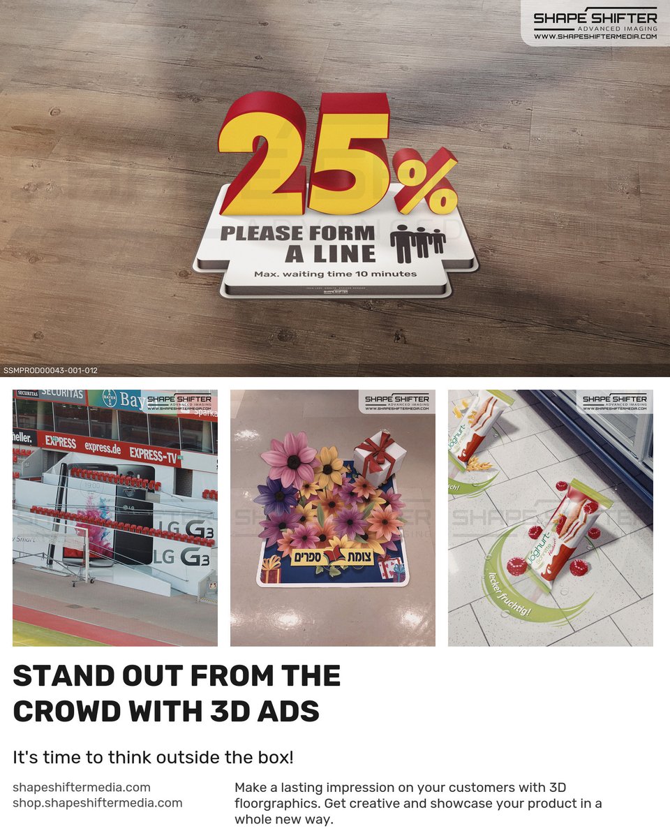 shapeshiftergfx's tweet image. ssm.li Make a lasting impression on your customers with 3D floorgraphics. Get creative and showcase your product in a whole new way. #floorprinting #salespromotion #physicalretail #shoppermarketing #instoreactivation #floorinspiration #blackfriday