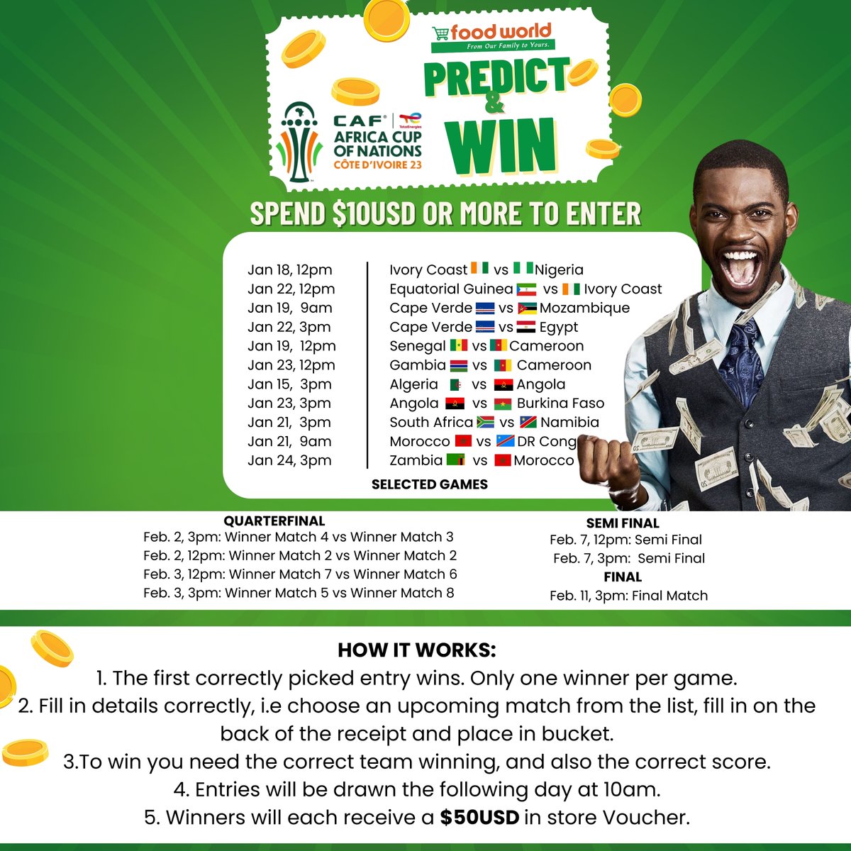 FoodWorldZim's tweet photo. AFCON Predict and Win! Spend $10USD or more for a chance to win a $50USD in-store voucher!"

Join our exciting Predict and Win promotion during the AFCON Games and stand a chance to win big!

#PredictTheVictory
#GameDayPredictions
#AFCONVoucherGiveaway
#WinWithAFCON https://t.co/l6zQcE2fP9