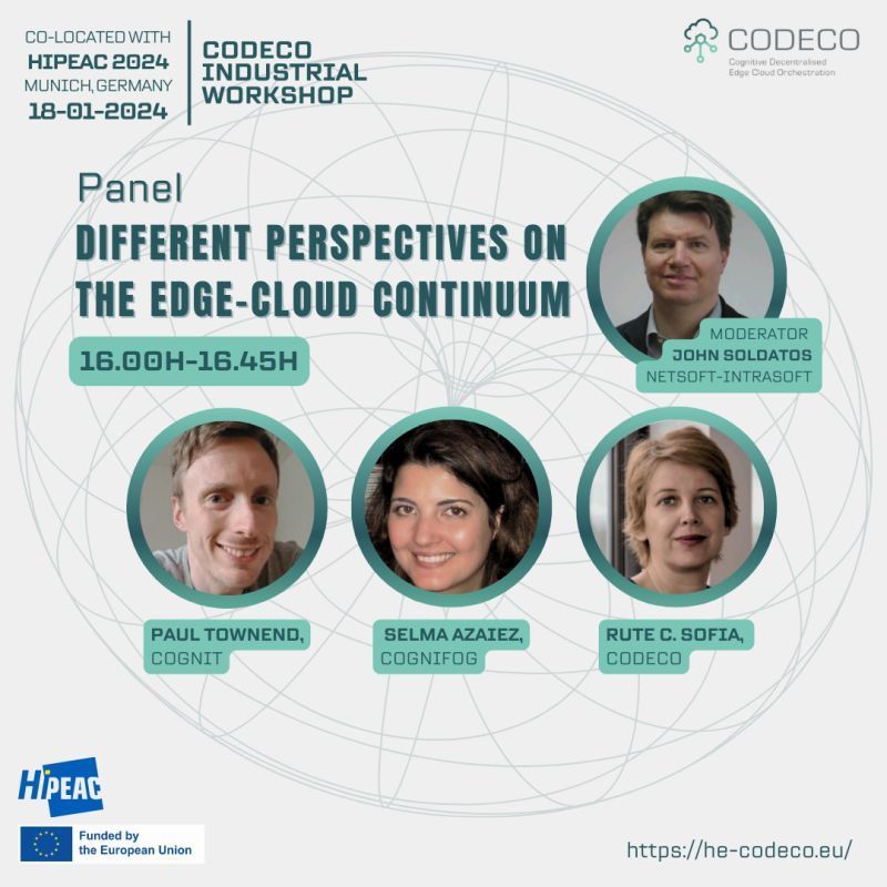SovereignEdgeEU's tweet photo. Don't miss this panel by @CODECOProject at #HiPEAC24! 🇩🇪 The Scientific Coordinator of our #COGNITproject (Prof. Paul Townend @UmeaUniversity) will explain how we are building a #cognitive #serverless framework for the #Cloud #Edge Continuum! 🤓 https://t.co/50NHNg6fIS #HorizonEU https://t.co/mvA4a3jKfW
