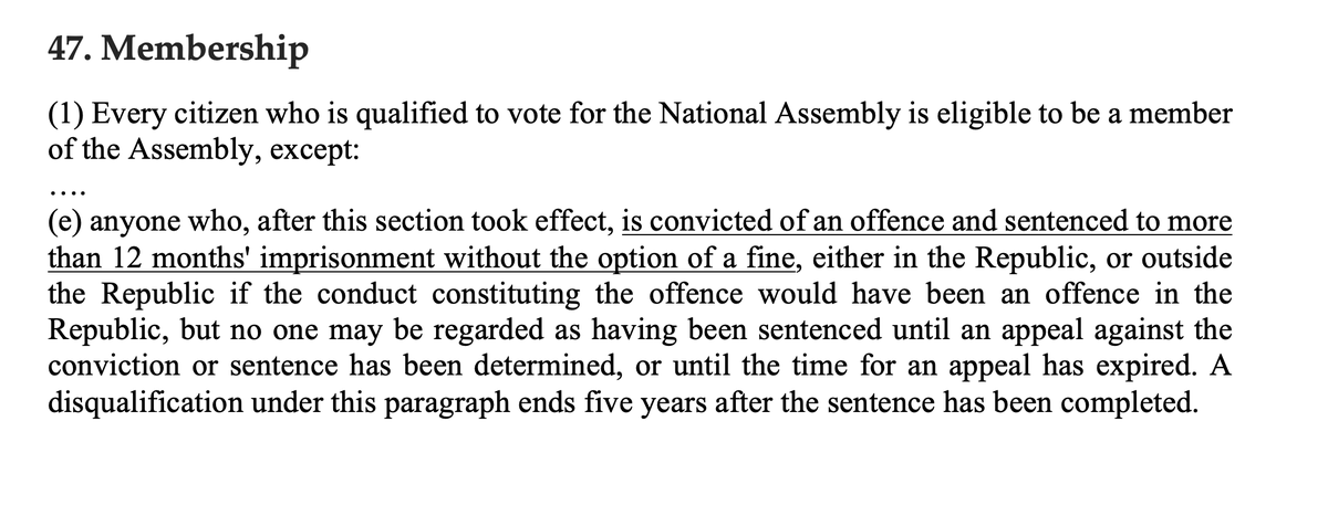 pierredevos's tweet photo. Fun fact: Mr Zuma was found guilty of the crime of contempt of court and sentenced to 15 months imprisonment. On an ordinary reading of section 47 of the Constitution, he would therefore not be eligible to stand for election to the National Assembly. https://t.co/jC2VeISMpk