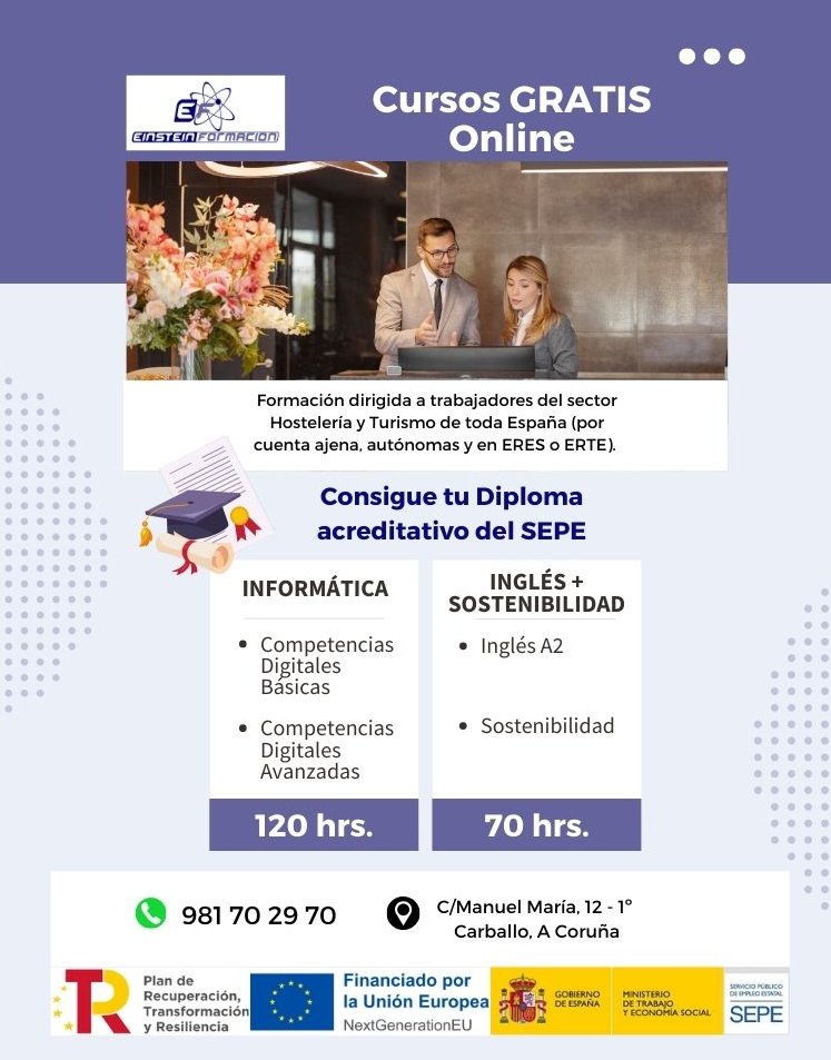 🛋📔 Aprende desde tu casa con nuestros cursos gratuitos, para trabajadores del sector de la Hostelería y Turismo 🥤🚄🍹👩‍🍳✈️

🎓 ✅ Titulación homologada con Certificado de Especialidad del SEPE.

⬇️⬇️ MATRICÚLATE AQUÍ:
einsteinformacion.com/inscribete-acc…

☎ O llámanos al: 981 70 29 70