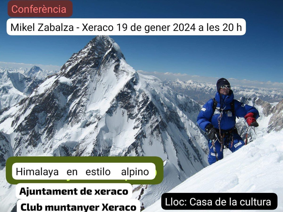 🏔️ El prestigiós Mikel Zabalza impartirà la conferència “Himalaya en estilo alpino” en la Casa de la Cultura el pròxim divendres 19 de gener a les 20h per a tots els aficionats/es del món del alpinisme. 

🤩No s’ho podeu perdre!!