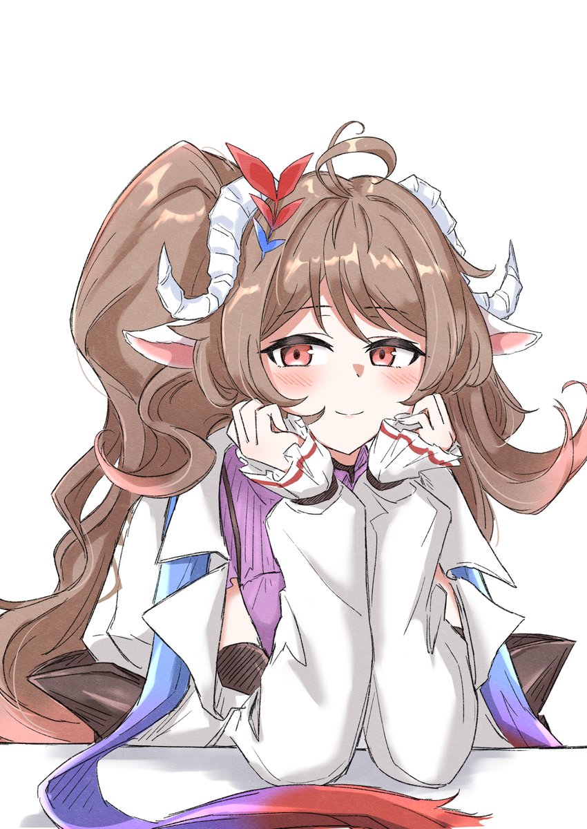 eyjafjalla (arknights) 1girl horns animal ears solo brown hair white background long hair  illustration images