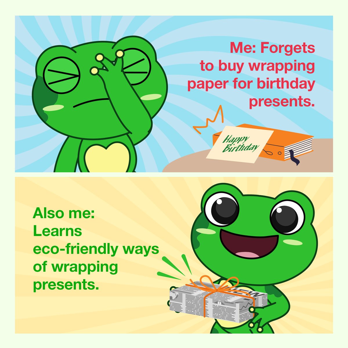 NEAsg's tweet photo. Need wrapping paper for that special gift?
Get creative and be eco-friendly with wrapping alternatives from newspapers to leftover fabric. Share your own eco-wrapping hacks in the comments below!

#GiftWrappingTips #SustainableSG https://t.co/nA3QFfN7Jt