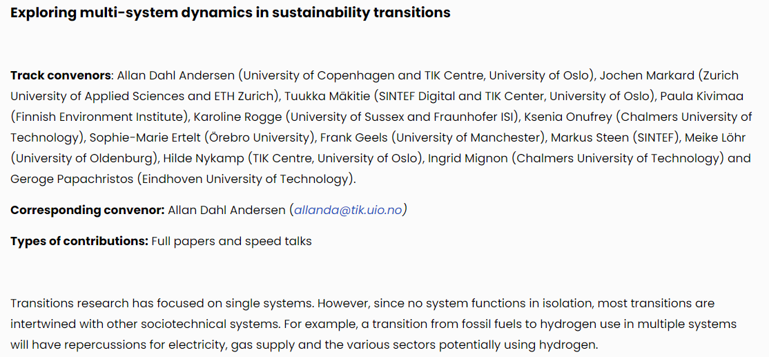 Call for #IST2024 abstracts is now out! Please submit your abstract to our track exploring multi-system dynamics in transitions and help us advance this emerging topic transitionsnetwork.org/ist-2024/call-… @TIK_senteret @IntransitTik @KU_IFRO @STRN_Network