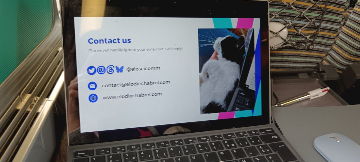 EloScicomm's tweet photo. On the train to give a training in Grenoble : perfect time to prepare my #LabLifeCon24 talk happening this Thursday 

I started with a new contact slide, what do you think of it? 😅🐾

Still time to register for this half day created for you by @hello_bio https://t.co/fy4m4OqlDm https://t.co/RhF76l8cKQ