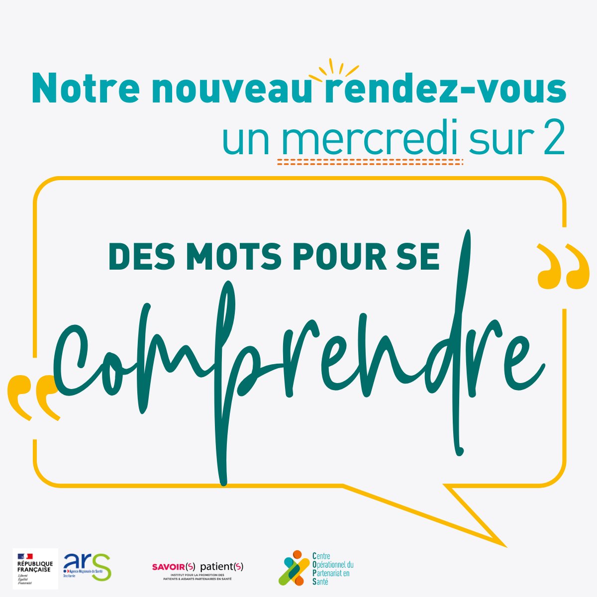 [Des mots pour se comprendre] : Notre nouveau rendez-vous !
📣 1 mercredi sur 2, retrouvez notre point sémantique ou l'importance de l'utilisation d'un lexique partagé autour du Partenariat en Santé. Nous vous proposerons des termes utilisés en Occitanie.
RDV MERCREDI 31.01 !
