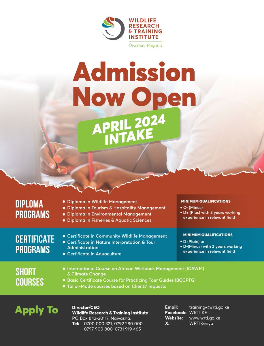 Wildlife Research & Training Institute (@wrtikenya) on Twitter photo We are excited to announce the opening of our April intake for a range of exciting diploma and certificate courses. 🎓🗣️📡
<a href="/WRTIKenya/">Wildlife Research & Training Institute</a>, we offer a diverse array of courses designed to prepare you for a meaningful career in wildlife research and conservation. We are excited to announce the opening of our April intake for a range of exciting diploma and certificate courses. 🎓🗣️📡
<a href="/WRTIKenya/">Wildlife Research & Training Institute</a>, we offer a diverse array of courses designed to prepare you for a meaningful career in wildlife research and conservation.