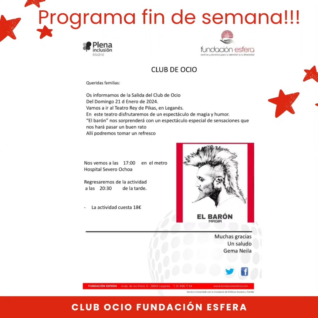 EsferaFundacion's tweet photo. Aquí nuestra propuesta para el fin de semana:
Si os gusta el teatro este es vuestro plan 
Y para los más mayores os proponemos una mañana de rebajajas

Qué el frío
No nos pare

#ocio #inclusion #teatro #rebajas #sumaenpositivo+ #muycapaces #queelfrionotepare https://t.co/14NFNWebc0