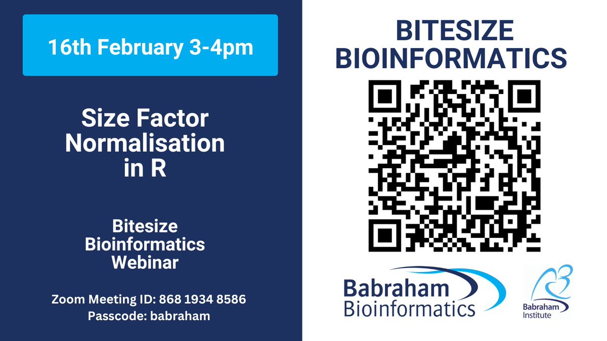 babraham_bioinf's tweet photo. Happy #TrainingTuesday
As well as the many training courses we offer, we also deliver FREE #BitesizeBioinformatics webinars.
Join us for our next instalment:
Size Factor Normalisation in R
Friday 16th February
3pm GMT
Online via Zoom
#Bioinformatics #Webinar #ComputationalBiology https://t.co/1WF9Hr30Ue
