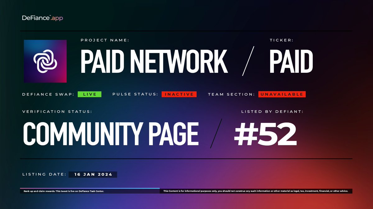DeFiance_App's tweet photo. .@paid_network community page is now live on https://t.co/bN5UuWHfXt.
$PAID is now listed on #DeFianceSwap.
Paid Network's Ignition is a next-generation crowdfunding platform, building towards a sustainable circular token economy, aimed at accelerating curated top-tier projects via crowdfunding from a large pool of users.
Learn more at: https://t.co/ENgzhuZZWs.
#PaidNetwork #DeFianceApp
