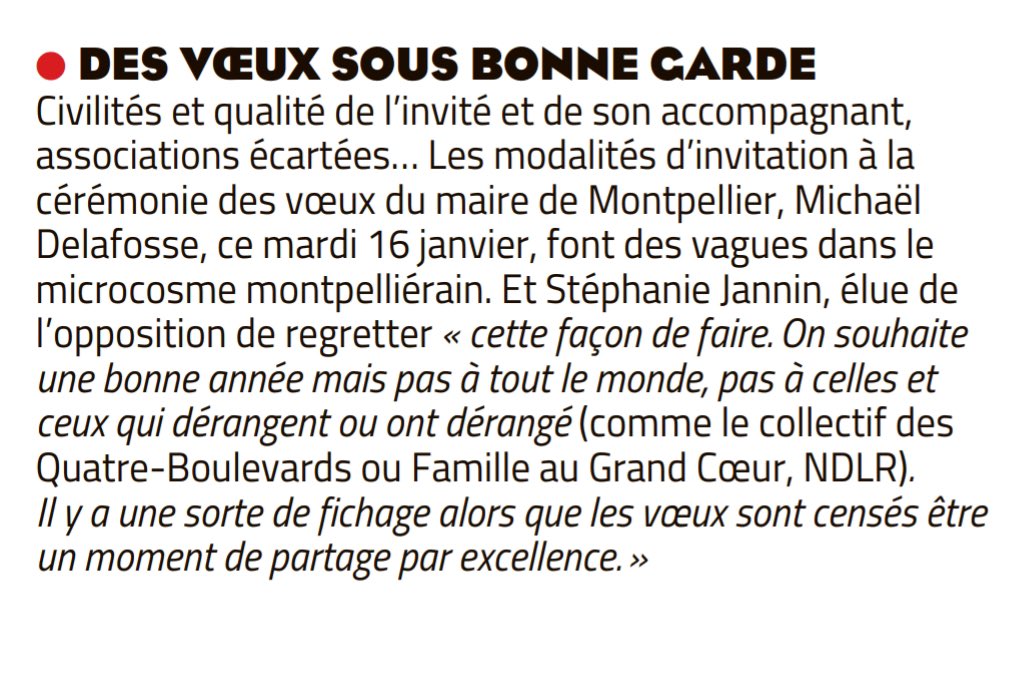 C est ce soir … mais pas pour tout le monde! la présentation des vœux du maire a la population devrait être une fête populaire … Dommage d avoir choisi l entre soi! <a href="/MLMontpellier/">Midi Libre Montpellier</a> <a href="/collectif_3/">Collectif des Riverains des 4 Boulevards</a>