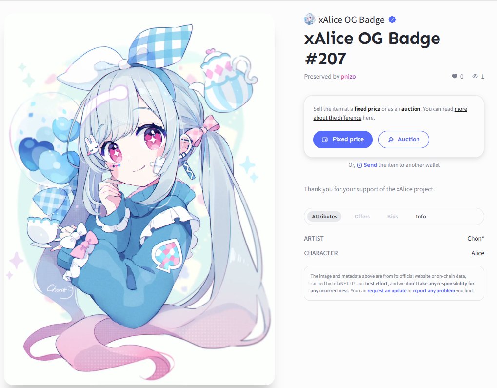 We have airdropped "xAlice OG Badge" NFT for holders as of December 24, 2023✨

If you are eligible, please check your wallet on Astar-compliant marketplaces (tofuNFT, Bluez)