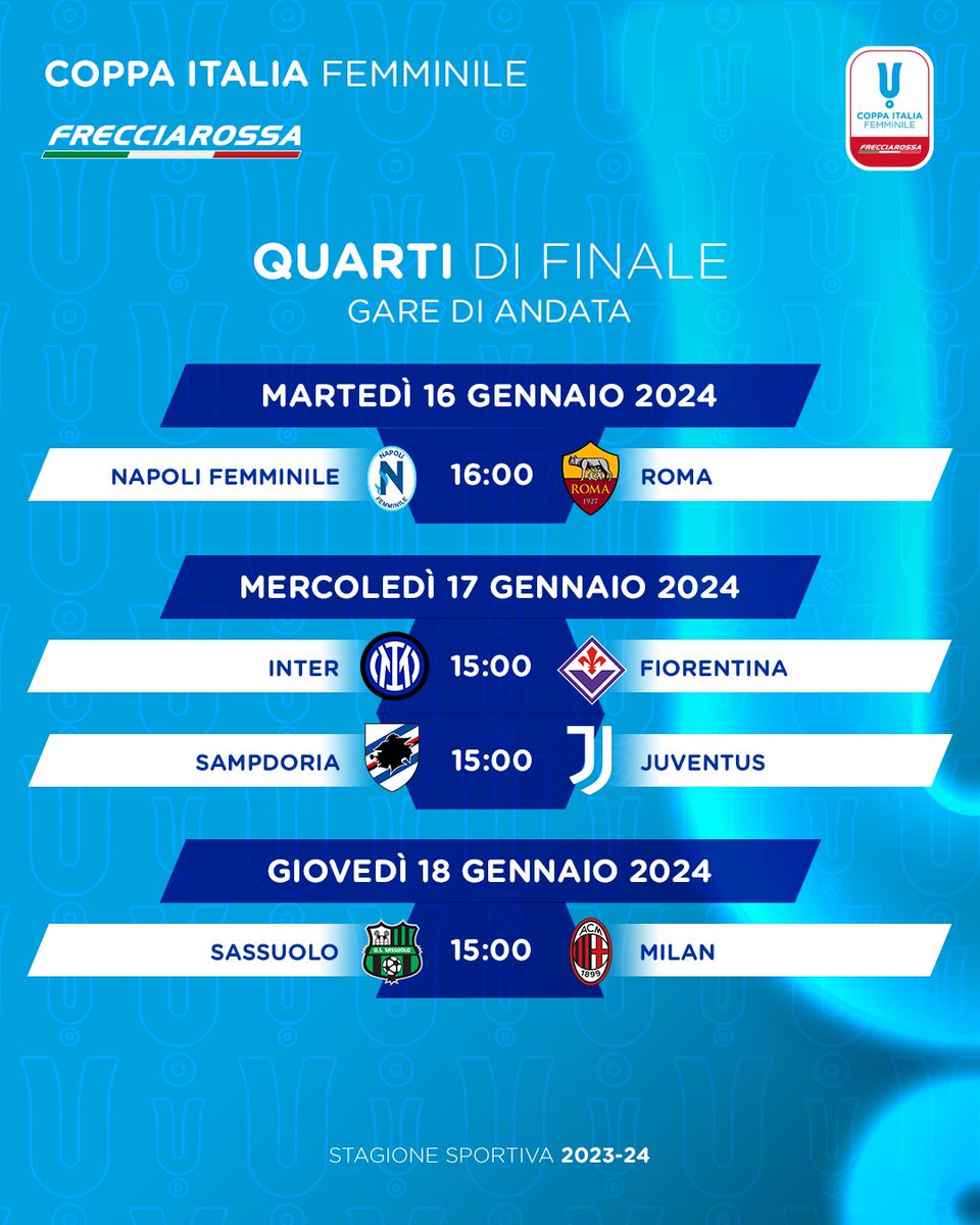 𝘍𝘐𝘟𝘛𝘜𝘙𝘌𝘚 🏆🇮🇹

Il turno d’andata dei quarti di finale di #CoppaItaliaFemminile Frecciarossa inizierà oggi con la partita tra Napoli e Roma 👌

📺 Canale YouTube FigcFemminile 

Tutte le combinazioni ⤵️