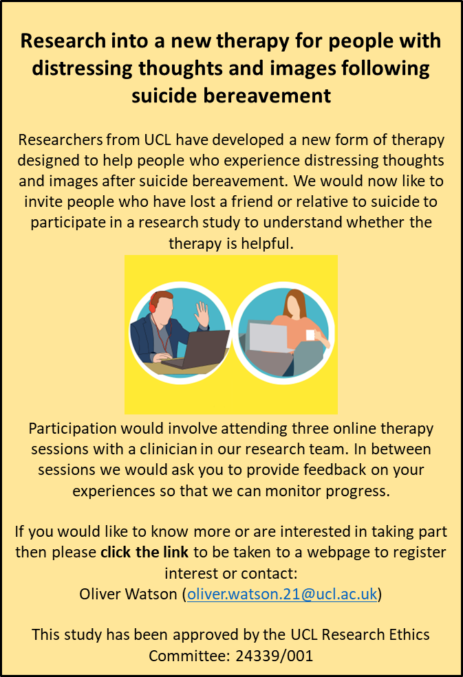 Would you or someone you know be interested in taking part in research looking at a new form of therapy? Researchers @ucl are inviting those who have been bereaved by suicide to participate. More info below, and express your interest here: redcap.idhs.ucl.ac.uk/surveys/?s=WYW…