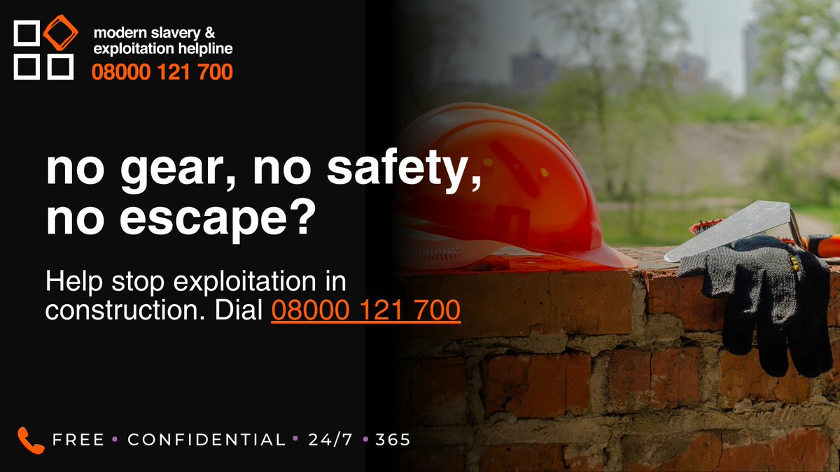 No personal belongings, missing PPE/safety gear, workers looking withdrawn? These could be signs of forced labour on your construction site. Don't let modern slavery build in the shadows. Report concerns to us free on 08000 121 700 #ModernSlavery #SpotTheSigns #Construction