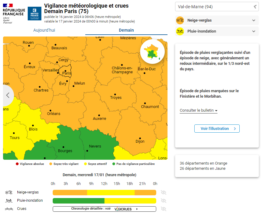 valdemarne_94's tweet photo. 🟠 #Meteo94 : passage en #VigilanceOrange neige-verglas ❄️ à partir de la fin de soirée.
ℹ️ Pluies verglaçantes prévues vers 22 h ce mardi pouvant rendre les conditions de circulation difficiles, suivies d'un épisode neigeux.
➡️Soyez prudents !
https://t.co/TQCwiG5Jrc https://t.co/A4onSjnU5W