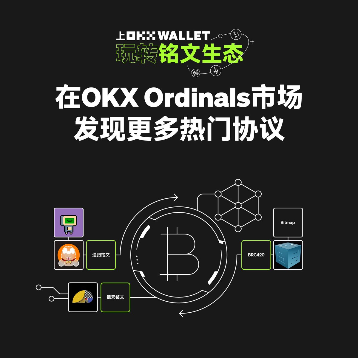 #OKXWeb3 钱包 #Ordinals 市场现已支持递归铭文、诅咒铭文、BRC420等多个热门协议！ 💡你最看好哪个呢？