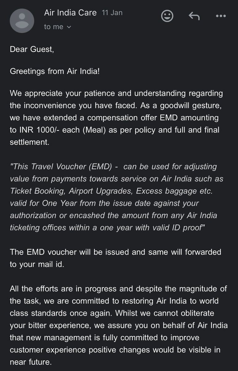 VeeraJain's tweet photo. Thank you, everyone, for supporting me on this.
There is no way to send Air India a direct e-mail regarding anything! So, I filed a case through the customer support portal in grievance resolution. 
They mailed me back with a ₹1000 VOUCHER to avail the next time I fly with them! https://t.co/7TUVLSLut0