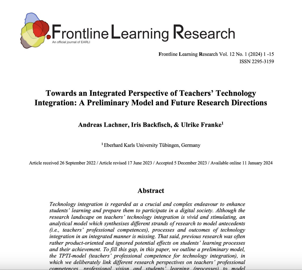 A new #FLR article "Towards an Integrated Perspective of Teachers’ Technology Integration: A Preliminary Model and Future Research Directions" by A. Lachner, I. Backfisch and U. Franke is now available to read in full at bit.ly/FLR-Lachner