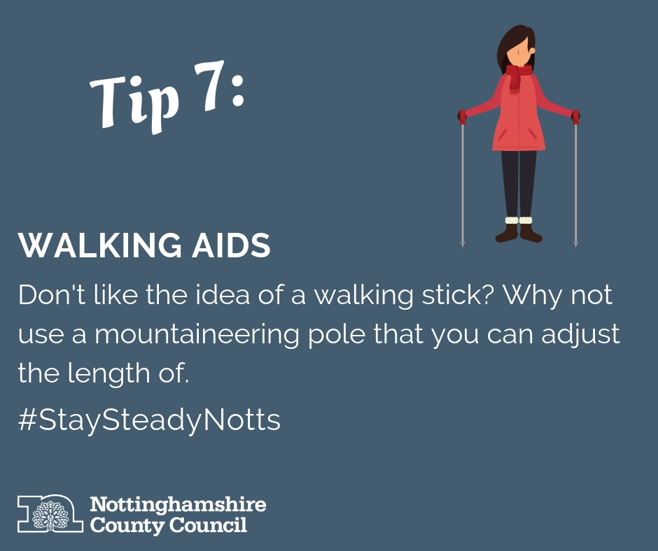 👣👣 Walking aids

Make sure you check your family or friend’s walking stick ferrule (rubber tip). They should have a good tread and not be smooth. One quick check could  prevent a fall.

#StaySteadyNotts 
#FallsPrevention #Notts