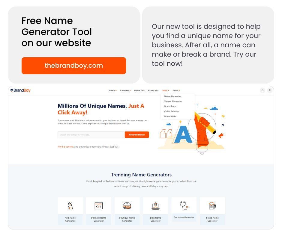 the_brandboy's tweet photo. Discover perfect name for your business with our free name generator tool! Your brand's identity starts with a unique name, and our tool is here to help you. 

Try our tool now: https://t.co/65DFAlZFKb 

#brandingtools #BusinessNaming #NameGenerator #BrandIdentity #brandingtips https://t.co/jephgiCjzY