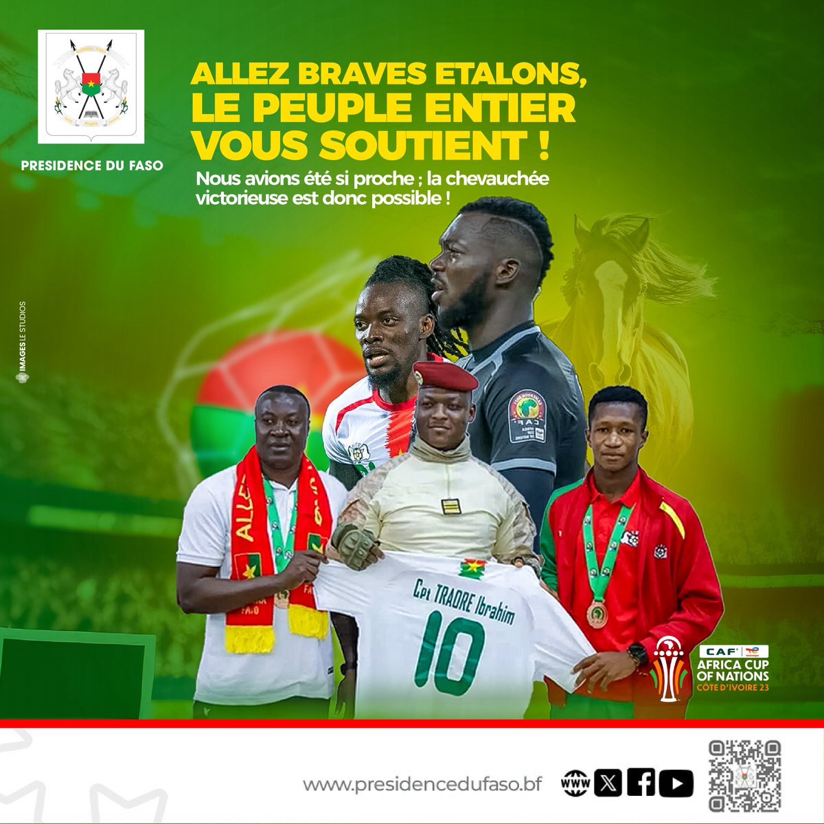 #CAN2023 
Ce mardi, nos braves Étalons font leur entrée dans cette 34e Coupe d’Afrique des Nations. 
Mes prières et celles du peuple burkinabè les accompagnent, de même que nos vœux de victoire.

Nous nourrissons l’espoir de voir notre équipe nationale remporter, pour la première