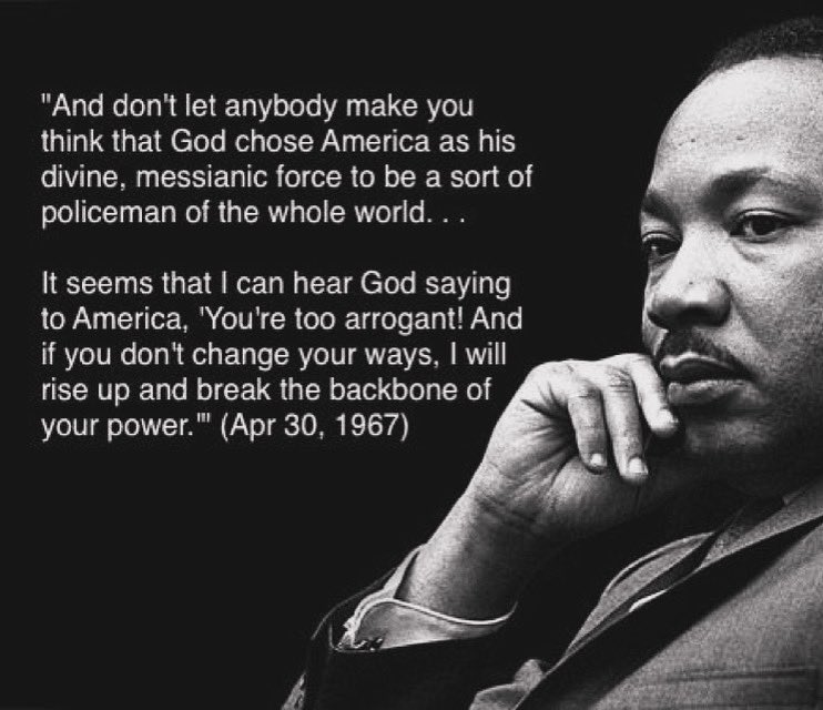 ShaneClaiborne's tweet photo. As we see the growth of Christian nationalism in America, I often think of this quote from Dr. King… 

Christian nationalism is dangerous and heretical because it creates a theology where America becomes the central character.  America is seen as exceptional, sinless and divinely-appointed. America, rather than Jesus, becomes God’s messianic force in the world. America becomes the light of the world, and the last great hope on earth. 

But Jesus is the Savior of the world… not America.