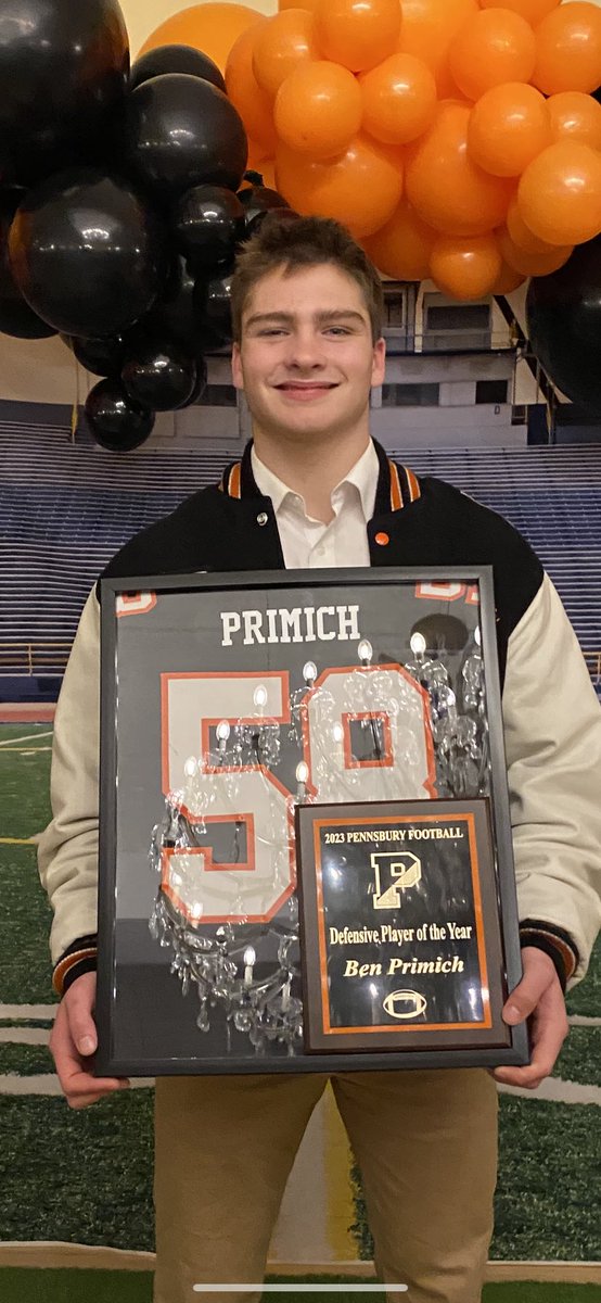 BenPrimich's tweet photo. Great night with my boys at our football banquet last night! Honored to receive the Defensive Player of the Year Award. Thank you to all my @pennsburyfb coaches for your support and for believing in me. It was a season I’ll never forget. Go Falcons! https://t.co/D0ogNwNtnc