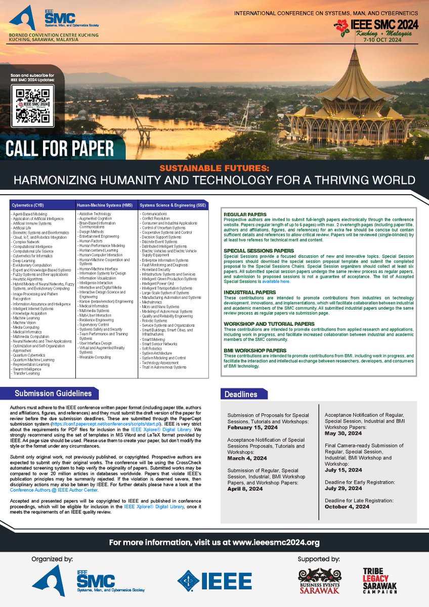 ieeesmc2024's tweet photo. Calling all researchers in the area of #cybernetics, #humanmachinesystems, #SystemScience, #systemsengineering to participate in the #callforpaper of the upcoming #ieeesmc2024. Refer to the attached Call for Papers poster for details.  
More details at https://t.co/SByrRRPhSU https://t.co/0VUJ3L64QZ