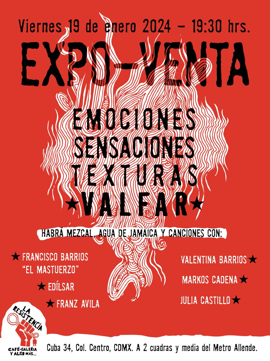 Hola!! Quiero invitarles a que me acompañen a mi 1er Expo-Venta!
Éste 19 de enero 2024
19:30 hrs.
En La resistencia 
Cuba 34, Col. Centro,Cdmx. Habrá: Mezcal, agua de Jamaica y canciones
El <a href="/Mastuerzo2011/">FRANCISCO BARRIOS</a> 
<a href="/valebarriosmx/">Valentina Barrios</a>  
<a href="/edilsar_/">Edílsar</a> 
<a href="/markoscadena/">Markos Cadena</a>
<a href="/franzavilag/">Franz Ávila</a>  
<a href="/juliacastillocb/">Julia Castillo (¿?)</a>