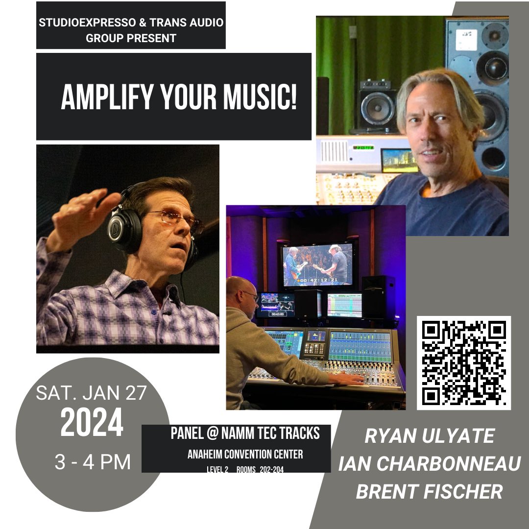 studioexpresso's tweet photo. Meet us @ NAMM, Anaheim Conventiin Center. Scan the QR code 4 more details. CU sat Jan 27, 3-4 pm. Meet Grammy-winning and nominated producers and recharge for 2024! https://t.co/z6vgiqU9Ck