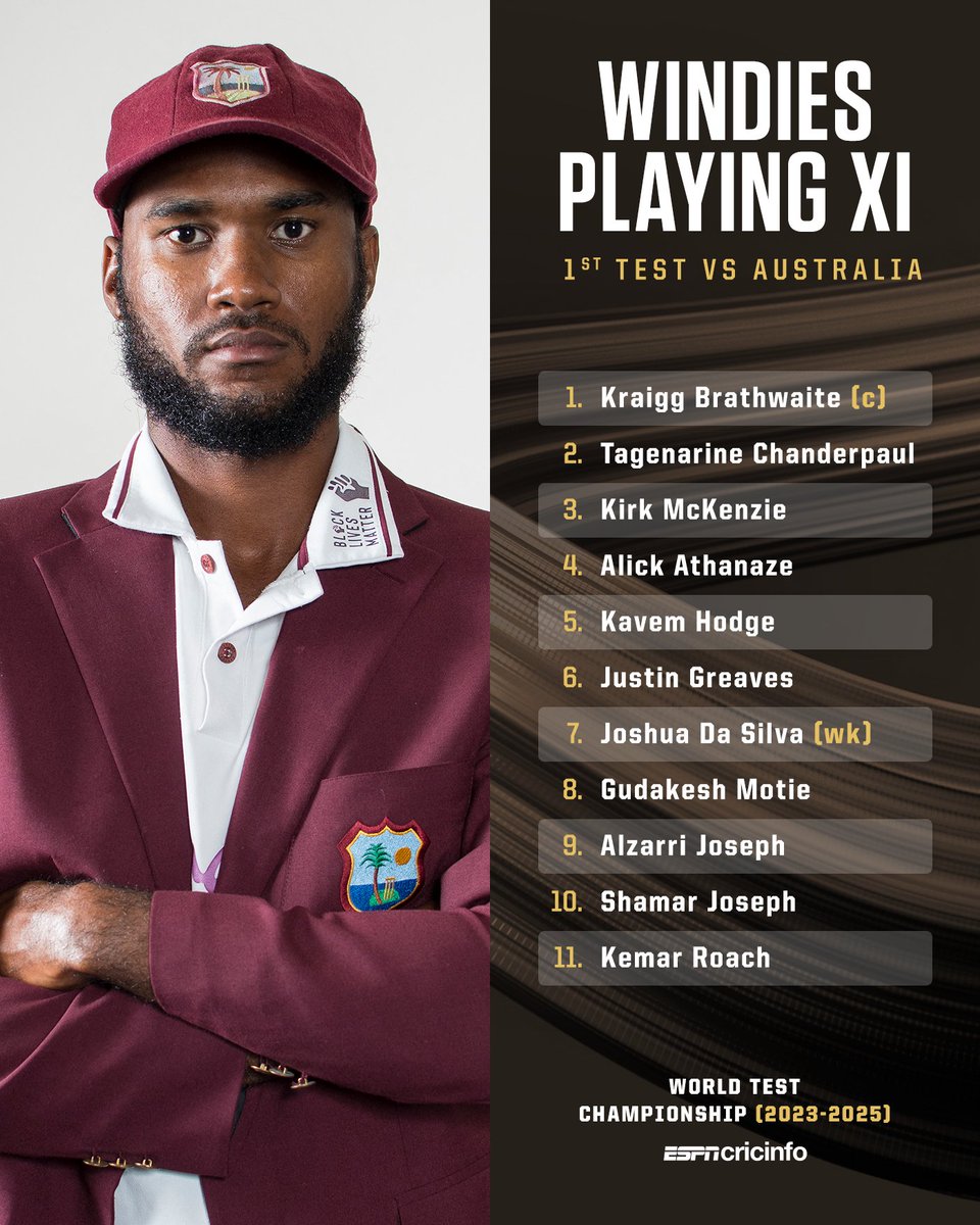 cricinfo's tweet photo. Kavem Hodge, Justin Greaves and Shamar Joseph will make their Test debuts against Australia 🌴 

https://t.co/fQ0bYvGOHZ | #AUSvWI https://t.co/ZtihV1qTZA