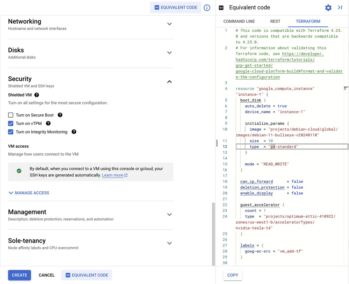 a_sima_007's tweet photo. Pretty cool that you can get terraform from GCP, probably a result of https://t.co/moMSWG6Isa. AWS needs to add a button that does this too https://t.co/8BGhseEUts