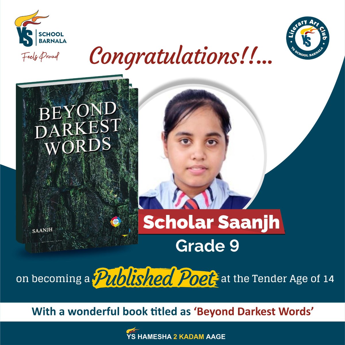 YSGroup3's tweet photo. Happy to share that our Scholar Saanjh of grade IX has gained entry into the club of writers with a wonderful book titled as Beyond Darkest Words. Here are the online links of the book. 
Amazon - https://t.co/2WBBYXGnE6 
Flipkart - https://t.co/8MKMvyTZKt https://t.co/LAgQjgXTDn