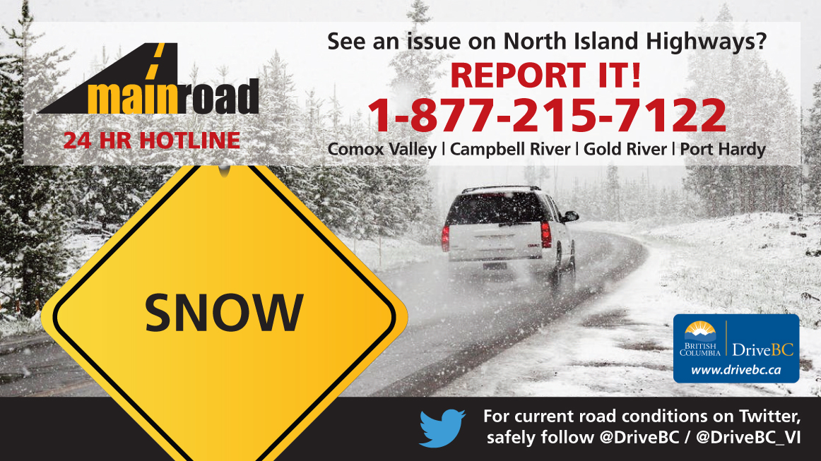 WEATHER ADVISORY - Significant snowfall next 24-72 hrs N #VanIsle

Accum vary depending on elevation & travel could be difficult. Be prep'd for changing road conditions & reduced visibility

Crews will be patrolling #BCHwy 's & applying winter materials. Check @DriveBC b4 driving
