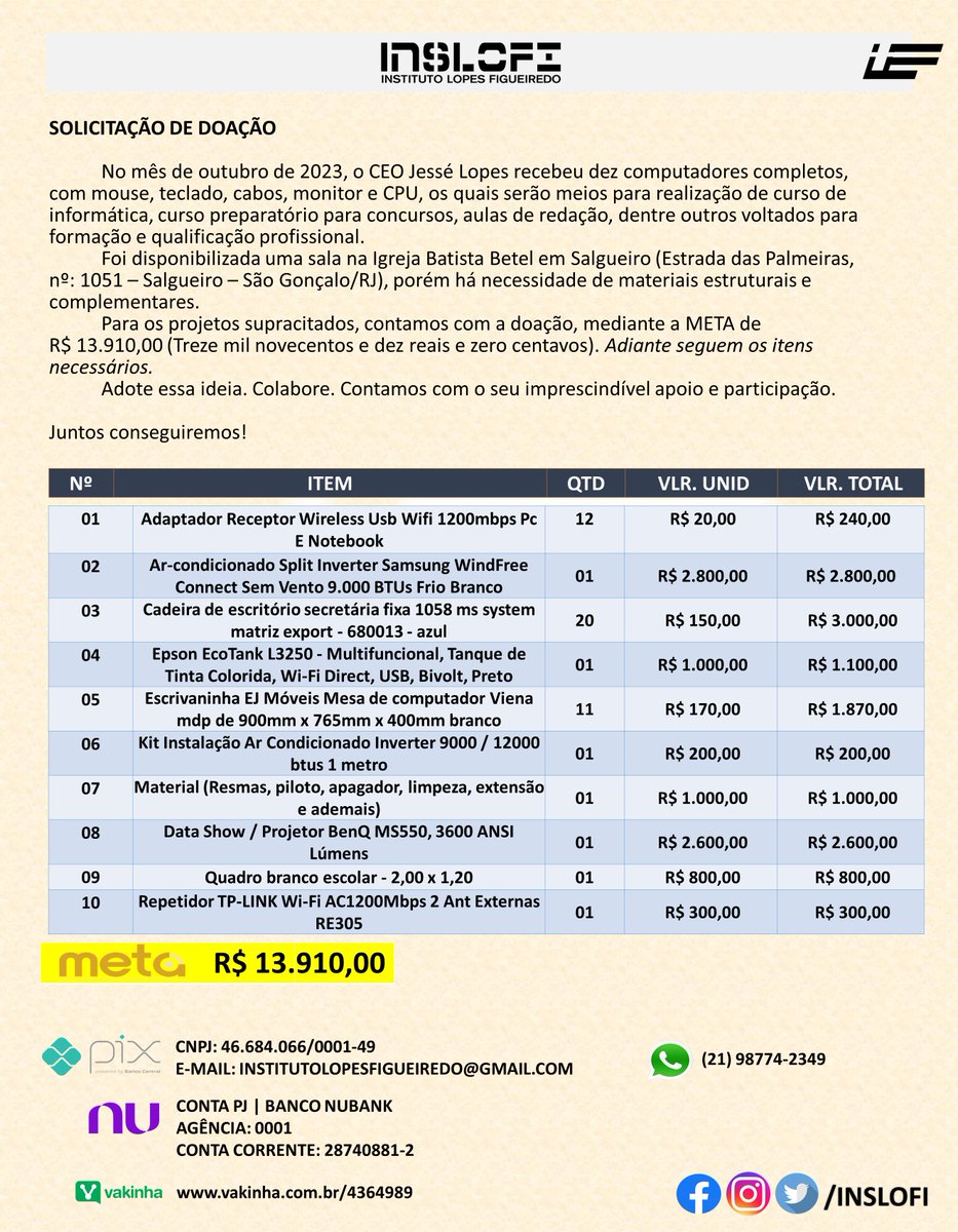 jesse_lopes10's tweet photo. DADOS PARA DOAÇÕES 

CHAVE PIX: CNPJ: 46.684.066/0001-49 | E-MAIL: INSTITUTOLOPESFIGUEIREDO@GMAIL.COM

CONTA PJ | BANCO NUBANK
AGÊNCIA: 0001 | CONTA CORRENTE: 28740881-2

https://t.co/A3xYMzDhnT

PDF: https://t.co/yHfMo3YRyx

https://t.co/x8jsYQQWQN

#INSLOFI https://t.co/MkBgSVn1wQ