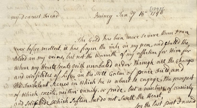 KeithBeutler's tweet photo. 227 years ago today, 15 January 1797, Abigail Adams assured John: "The Cold has been more severe than I can ever before recollect. It has frozen the ink in my pen, and chilled the Blood in my veins, but not the Warmth of my affection for" you. #AbigailAdamsonWinter https://t.co/SOxx3rjDwM