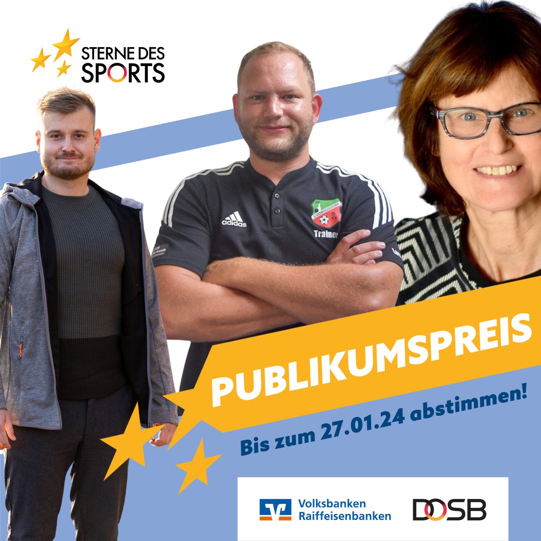 🏆 PUBLIKUMSPREIS 2023
⭐ Bevor am 29.01. der Große Stern des Sports in Gold verliehen wird, könnt ihr bestimmen, wer schon einen Tag vorher den Publikumspreis gewinnt. 🤩 Zur Abstimmung: sterne-des-sports.de/abstimmungssei… 👈
#EchtGoldWert #Volksbanken #Raiffeisenbanken @bvrpresse