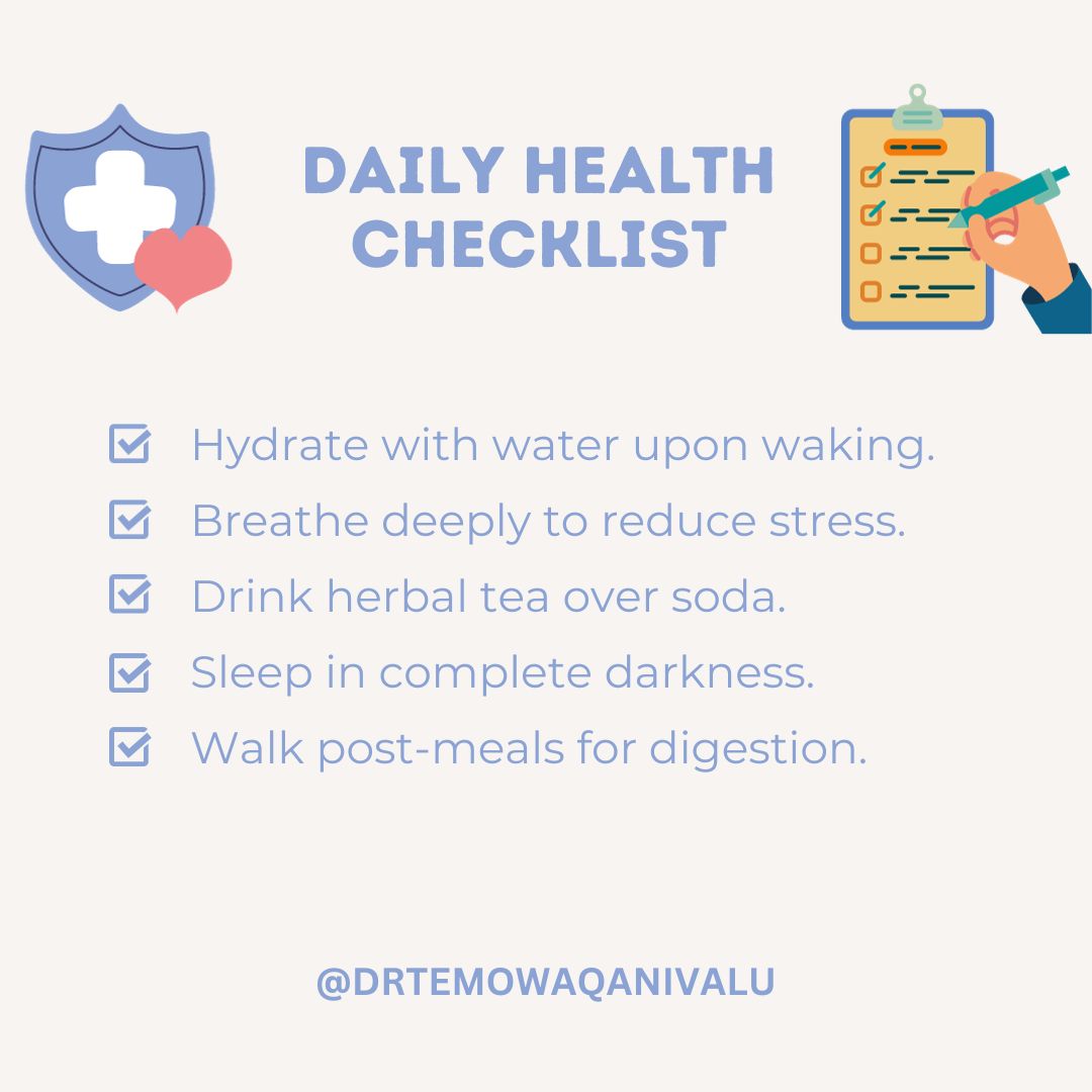 waqanivalut's tweet photo. Kickstart your day with these simple health habits for long-lasting wellness.
#DailyRoutine #healthchecklist #checklist #health #hydration #healthylifestyle #herbaltea #SleepWell  #walkitoff #HealthyHabits #drtemowaqanivalu #temowaqanivalu #temowaqanivalureviews #waqanivalu https://t.co/I21hDSi4RC