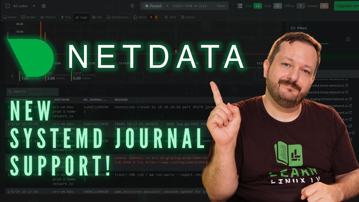 JayTheLinuxGuy's tweet photo. Netdata now supports Systemd's journal - which makes it even more useful and makes it easier to sift through your logs. In this video I'll show you how this works. @netdatahq https://t.co/vFzMBV4hrT https://t.co/Gyusl5g86O