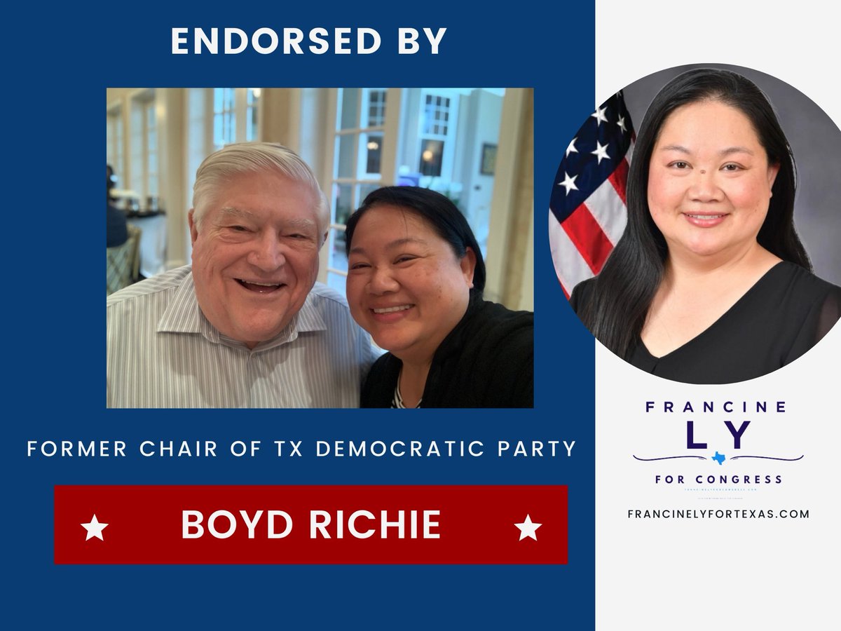 francine_ly's tweet photo. Endorsement Alert‼️ 

We are thrilled to share some exciting news with all of you! Boyd Richie, former Chairman of the Texas State Democratic Party, has endorsed our campaign to #FlipTX24.

#TexasDemocrats #DNC #endorsement #PeopleFirst #DiversityMakesUsStronger https://t.co/W9TCC7n1fn