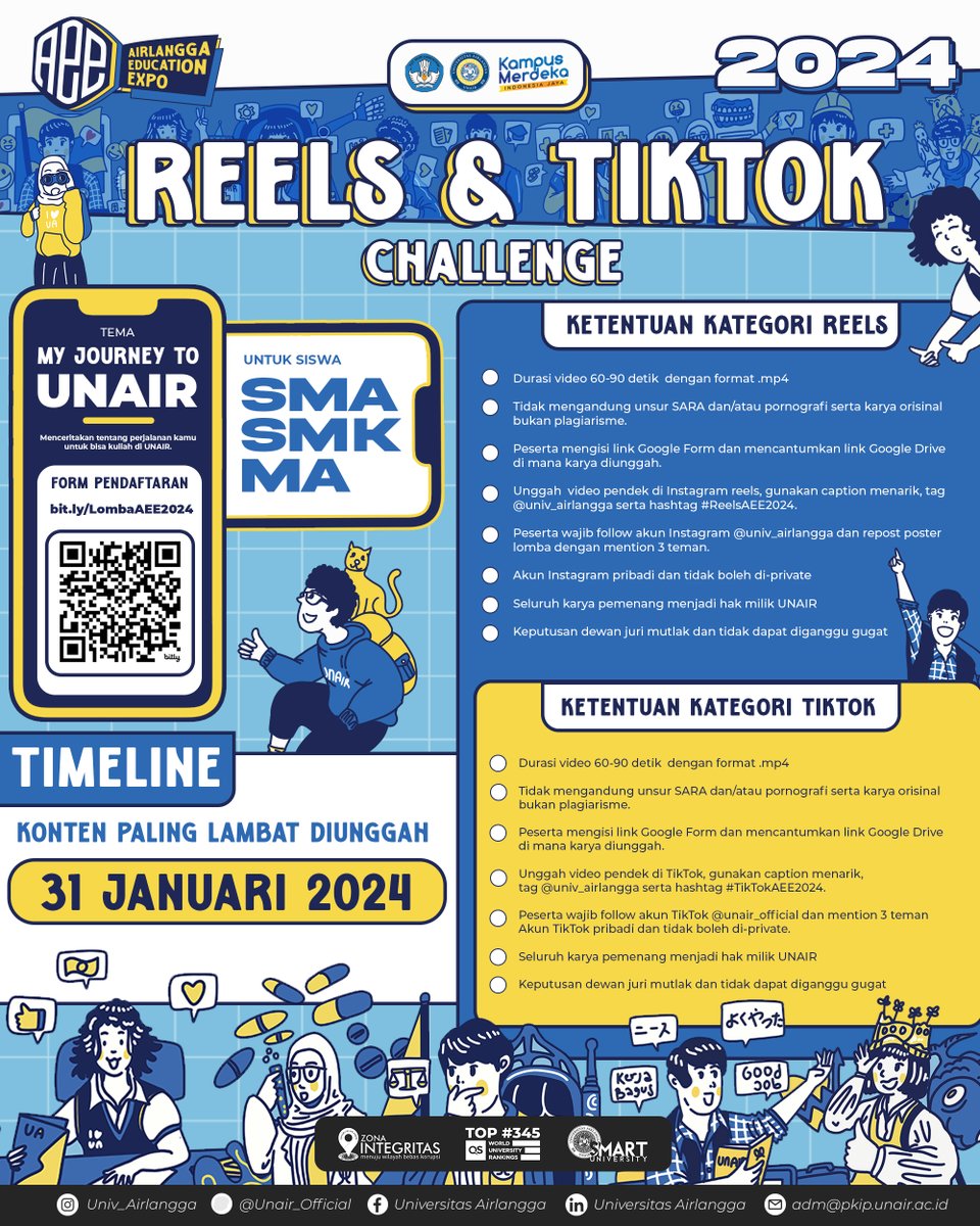 Unair_Official's tweet photo. Ada kompetisi seru dan berhadiah menarik yang bisa kamu ikuti yaitu Reels &amp; TikTok Challenge di Airlangga Education Expo 2024🤳🏻

Dengan tema “My Journey to UNAIR”, yuk unggah #ReelsAEE2024 atau #TikTokAEE2024 berdurasi maksimal 60-90 detik dan dikemas se-kreatif mungkin. https://t.co/T6bReSTSaS