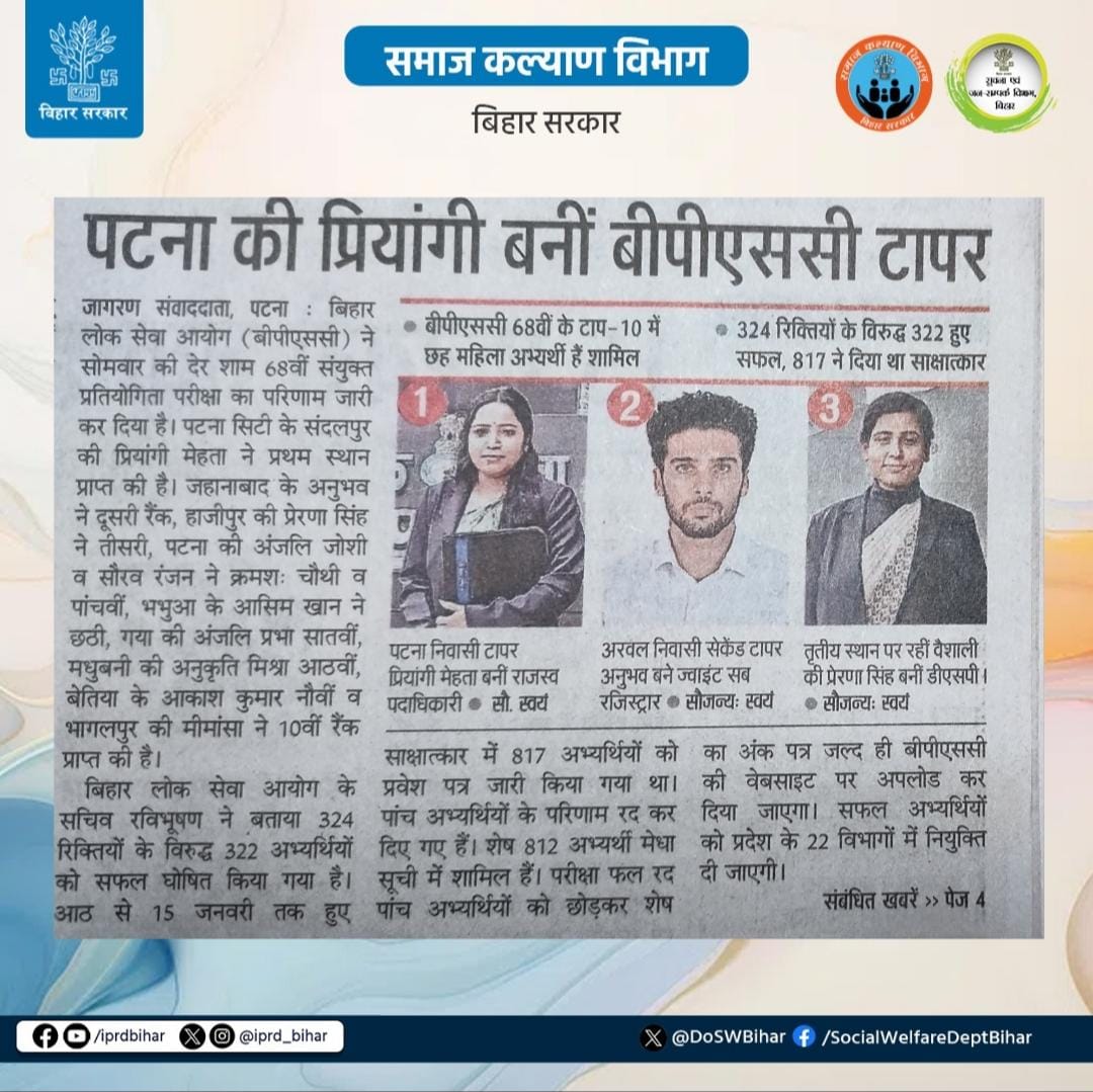 DoSWBihar's tweet photo. बीपीएससी 68 वीं के टॉप -10 में छह महिला अभ्यर्थी हैं शामिल।
@IPRD_Bihar
@WCDBihar
#BPSC
#68thBpsc
#Empowerment
#SocialWelfareDept https://t.co/9FYdJMBL46