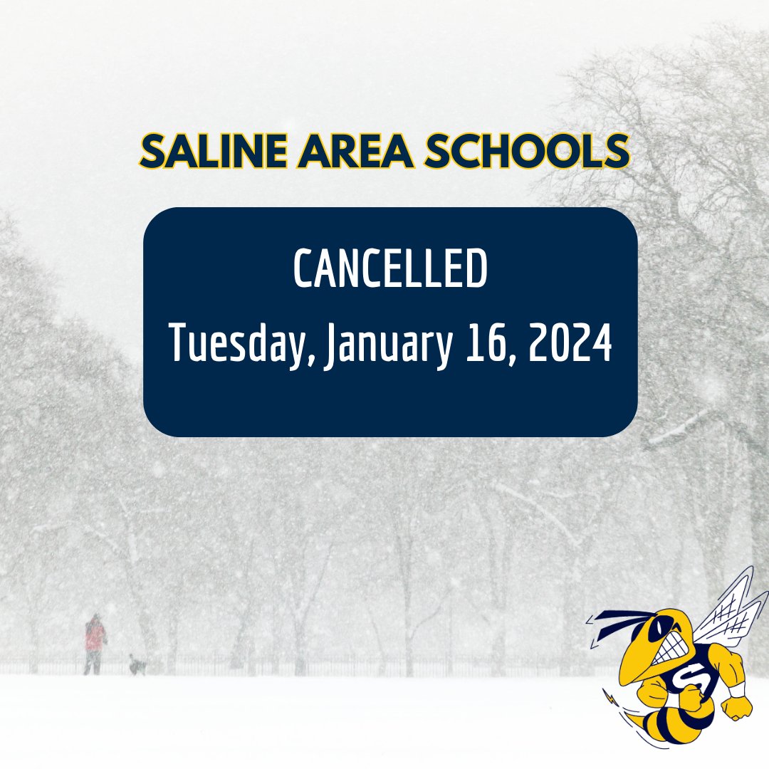 Due to the icy condition of back roads in our District, combined with very cold temperatures, Saline Area Schools will be closed Tuesday, January 16, 2024. We will post a decision about Tuesday's after-school and evening activities by 12 p.m. on Tuesday.