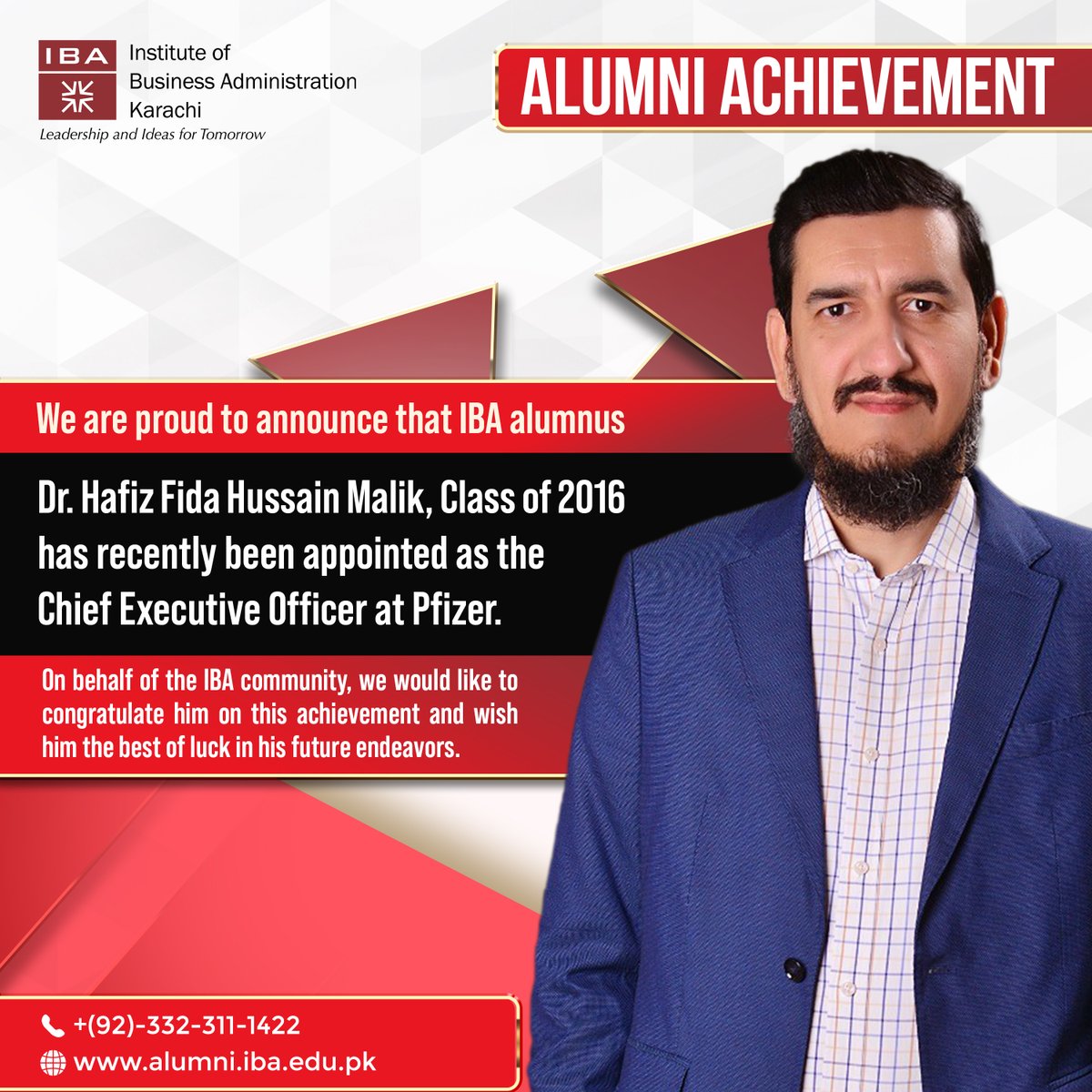 IBAAlumni's tweet photo. We congratulate our alumnus, Dr. Hafiz Fida Hussain Malik, Class of 2016 on being appointed as the Chief Executive Officer at @pfizer . https://t.co/3I74hMMoC0