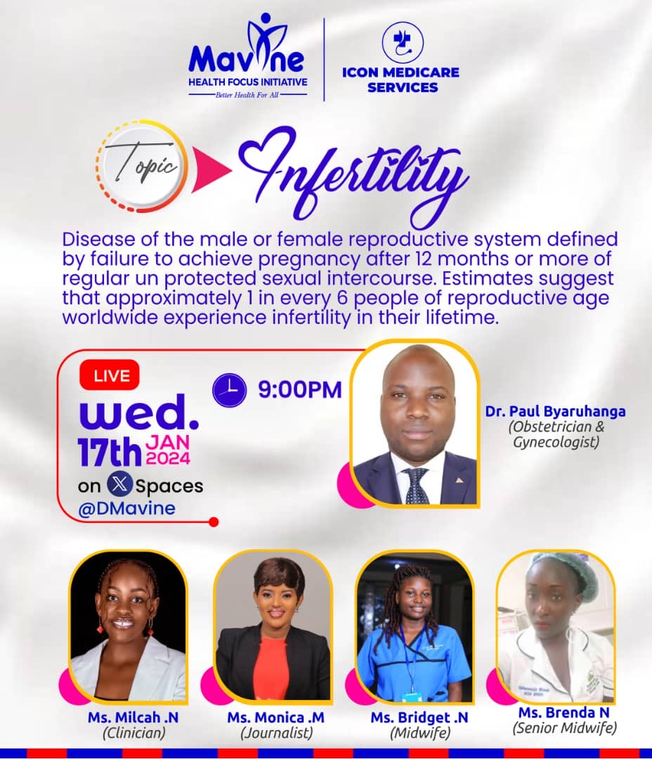DMavine's tweet photo. #Infertility
Inability to achieve pregnancy despite 12 months of regular/adequate un protected sexual intercourse. 
We are meeting tomorrow 17th Jan 2024 at exactly 9:00PM to discuss &amp; dissect this as we suggest to you measures to curb it. Infertility is on rise today. We meet🤗. https://t.co/Tv556qNGLT