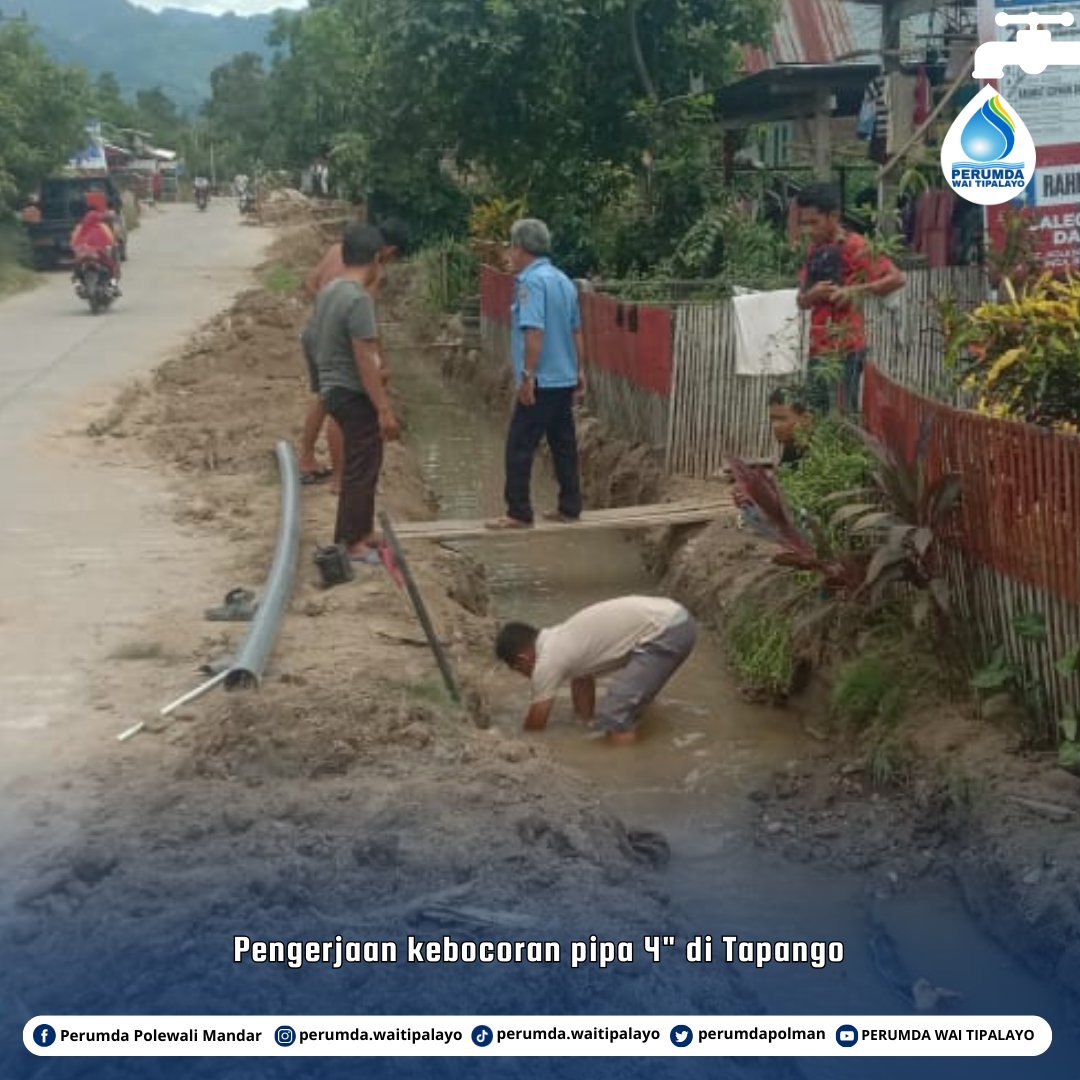 perumdapolman's tweet photo. Pengerjaan kebocoran pipa 4" di Tapango (Selasa, 16 Januari 2024)

Adapun selama pengerjaan pipa tersebut aliran air mengalami gangguan. Kami mohon maaf atas ketidaknyamanannya🙏
#informasipelanggan #perumdawaitipalayo #perumdapolman #perumdapolewalimandar https://t.co/zcyQZRzvWN